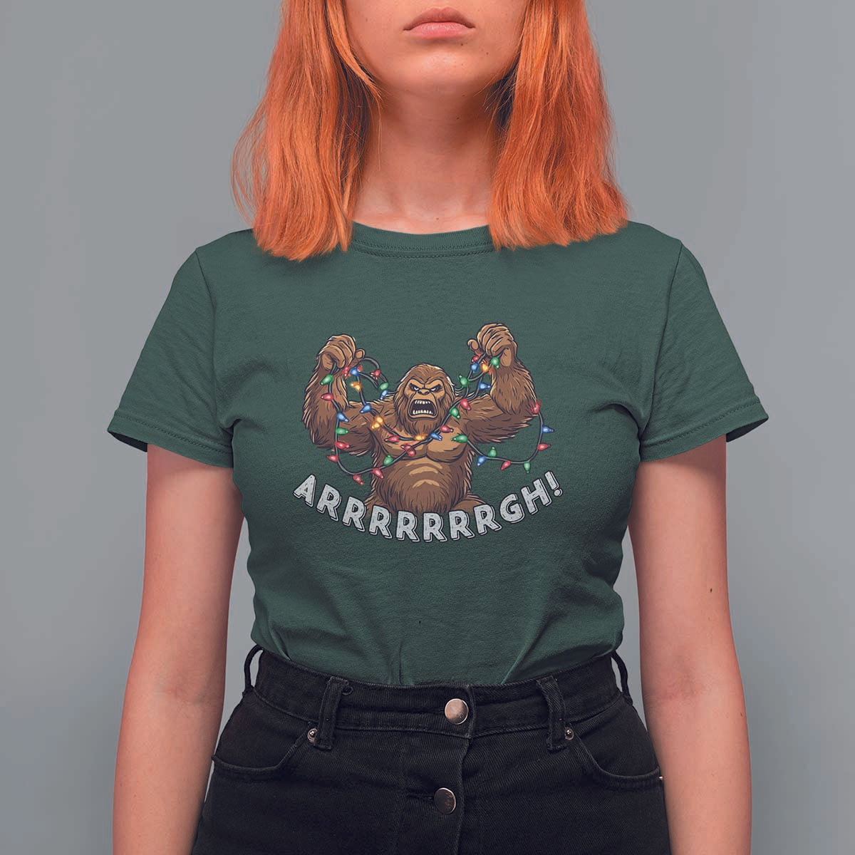 Bigfoot Christmas T Shirt For Women Winter Yeti Sasquatch Loves Xmas Tree Lights - Wonder Print Shop
