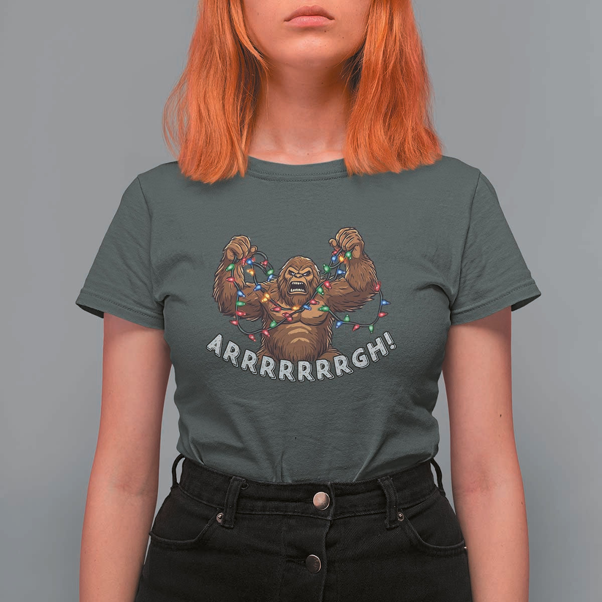 Bigfoot Christmas T Shirt For Women Winter Yeti Sasquatch Loves Xmas Tree Lights - Wonder Print Shop