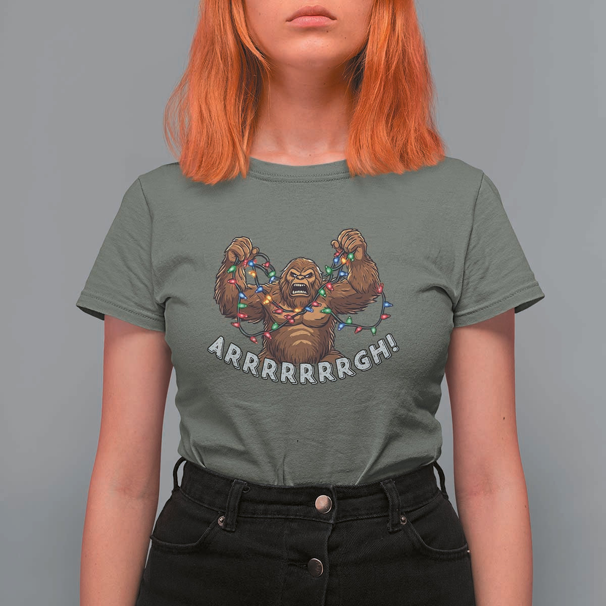 Bigfoot Christmas T Shirt For Women Winter Yeti Sasquatch Loves Xmas Tree Lights - Wonder Print Shop