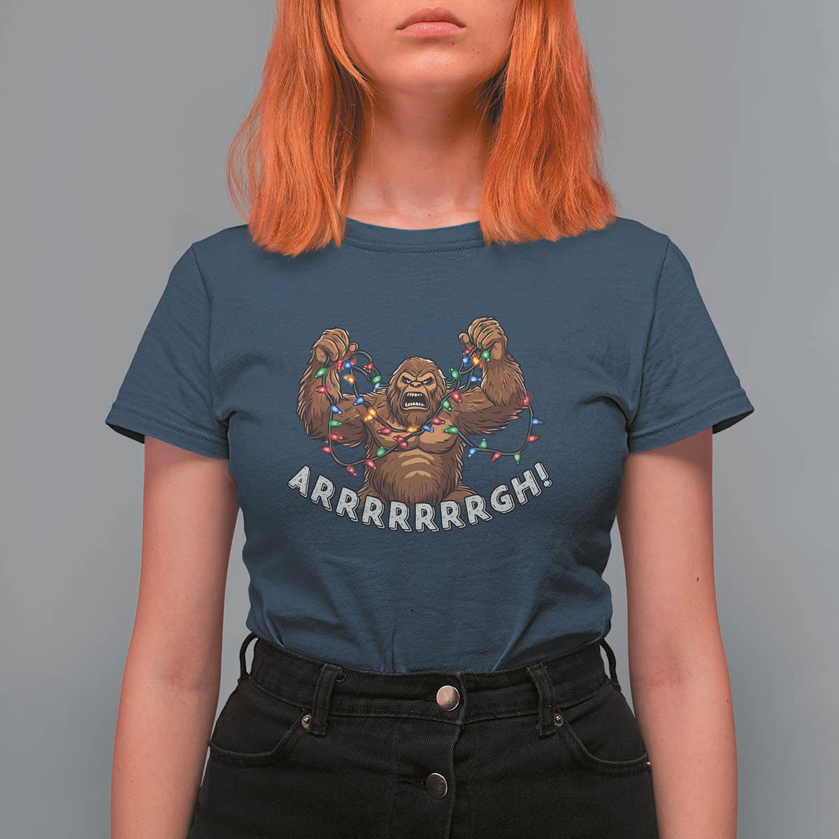 Bigfoot Christmas T Shirt For Women Winter Yeti Sasquatch Loves Xmas Tree Lights - Wonder Print Shop