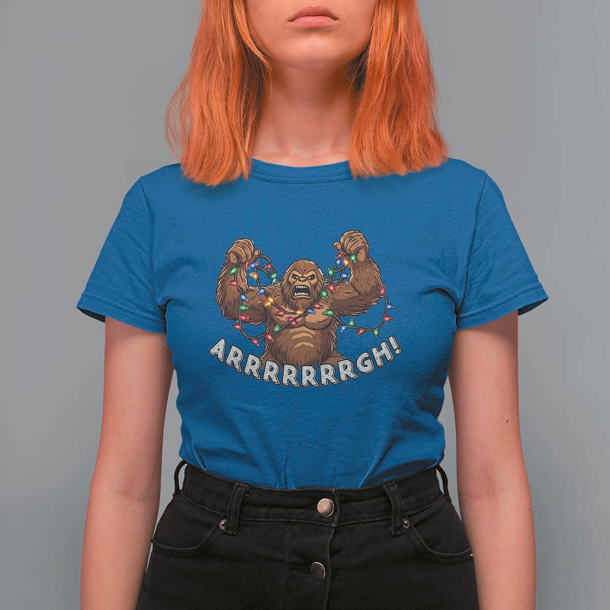 Bigfoot Christmas T Shirt For Women Winter Yeti Sasquatch Loves Xmas Tree Lights - Wonder Print Shop