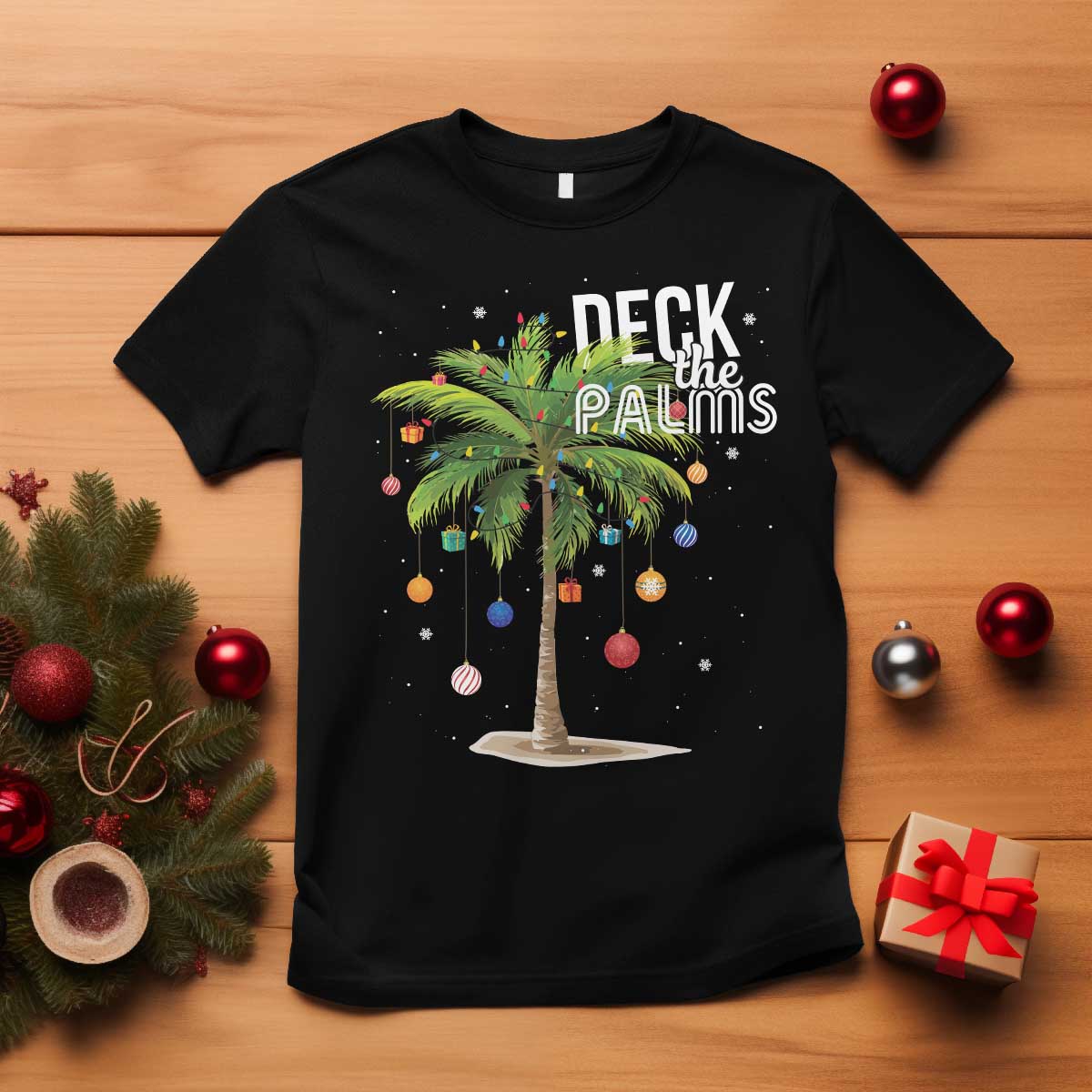 Hawaiian Christmas T Shirt Deck The Palms Christmas Palm Tree Beach Family Vacation - Wonder Print Shop