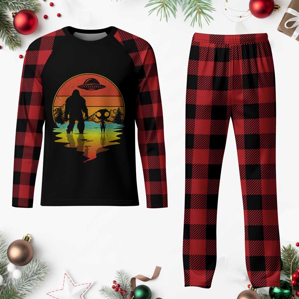 Funny Bigfoot Christmas Plaid Pajama Set Believe Bigfoot Alien Santa Hat Sasquatch Loves - Wonder Print Shop
