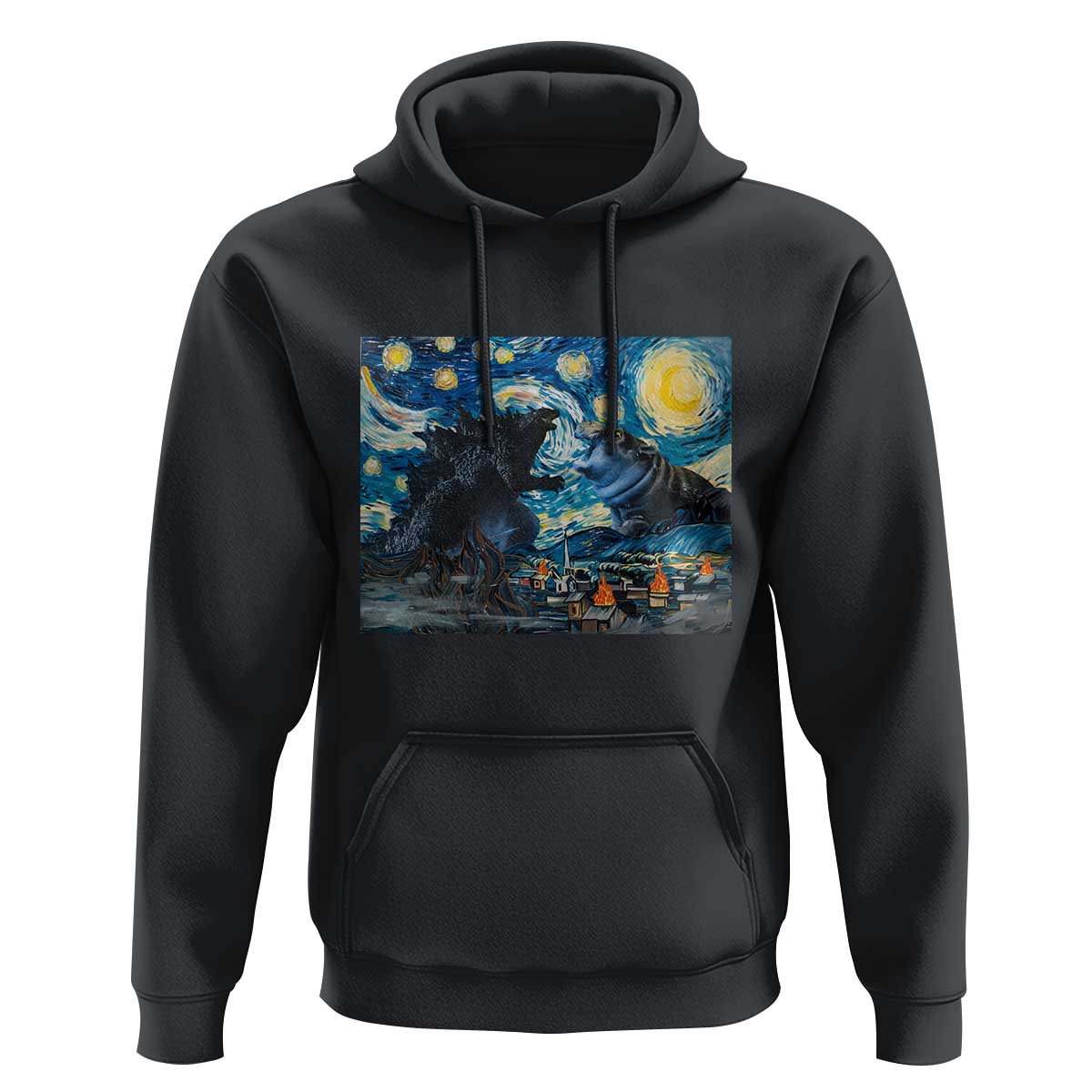 Godzilla Versus Moo Deng Hoodie Vintage Van Gogh Starry Night