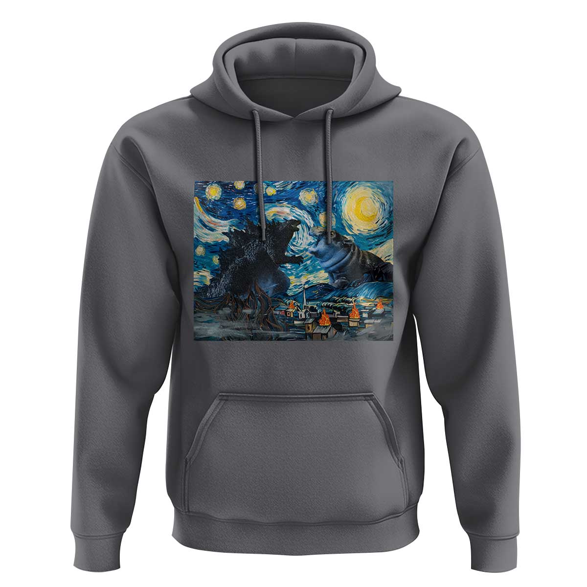 Godzilla Versus Moo Deng Hoodie Vintage Van Gogh Starry Night