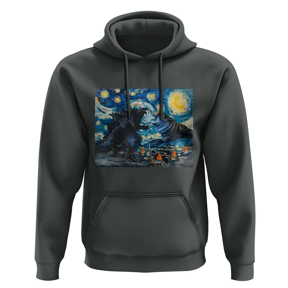 Godzilla Versus Moo Deng Hoodie Vintage Van Gogh Starry Night