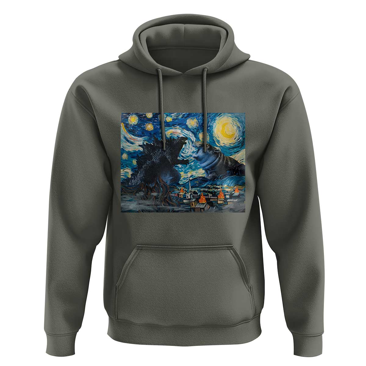 Godzilla Versus Moo Deng Hoodie Vintage Van Gogh Starry Night