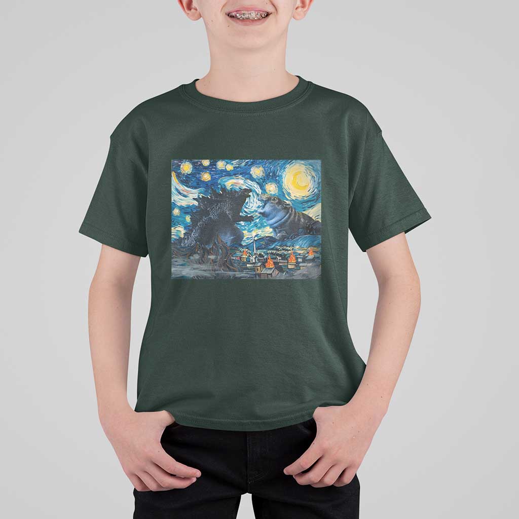 Godzilla Versus Moo Deng T Shirt For Kid Vintage Van Gogh Starry Night - Wonder Print Shop