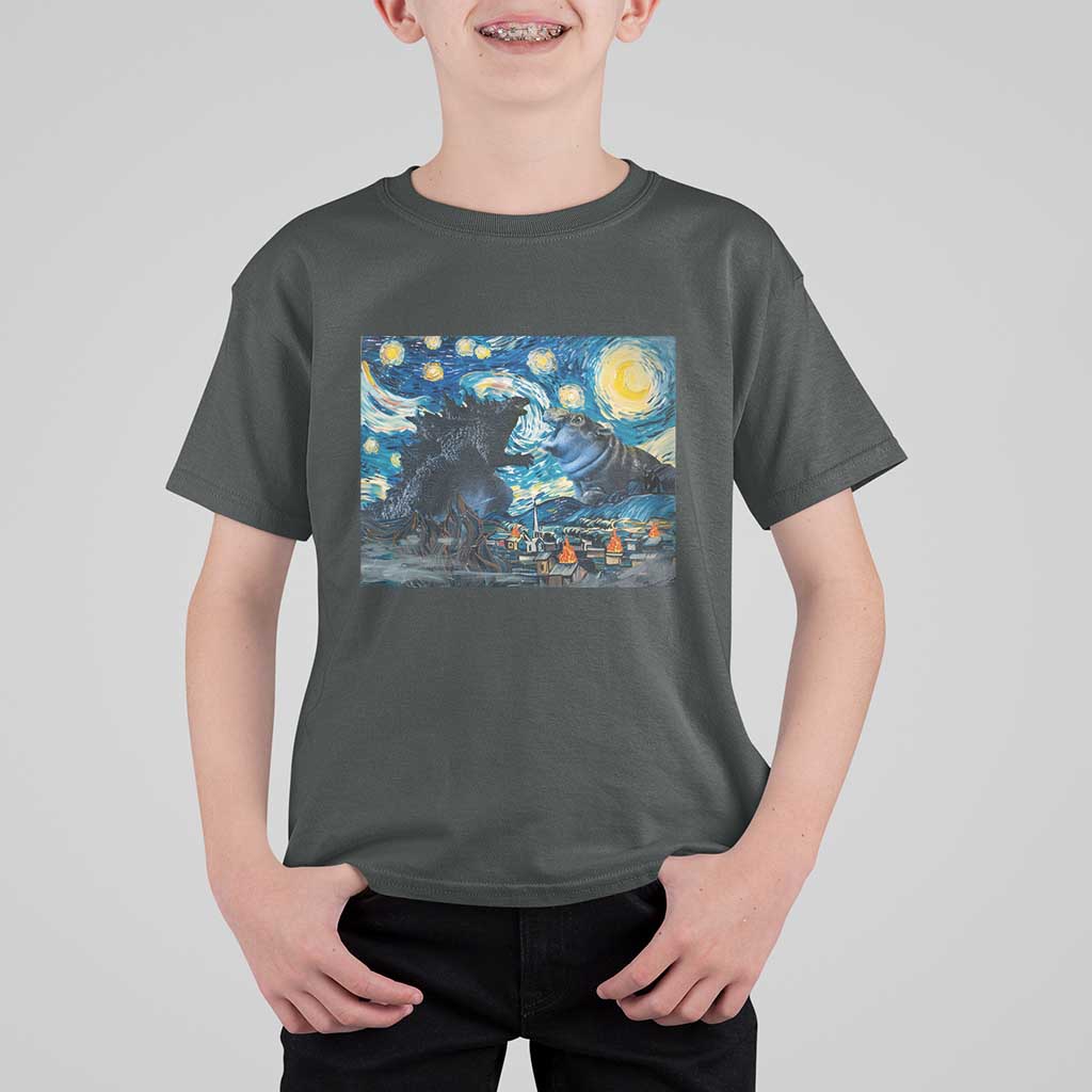 Godzilla Versus Moo Deng T Shirt For Kid Vintage Van Gogh Starry Night - Wonder Print Shop