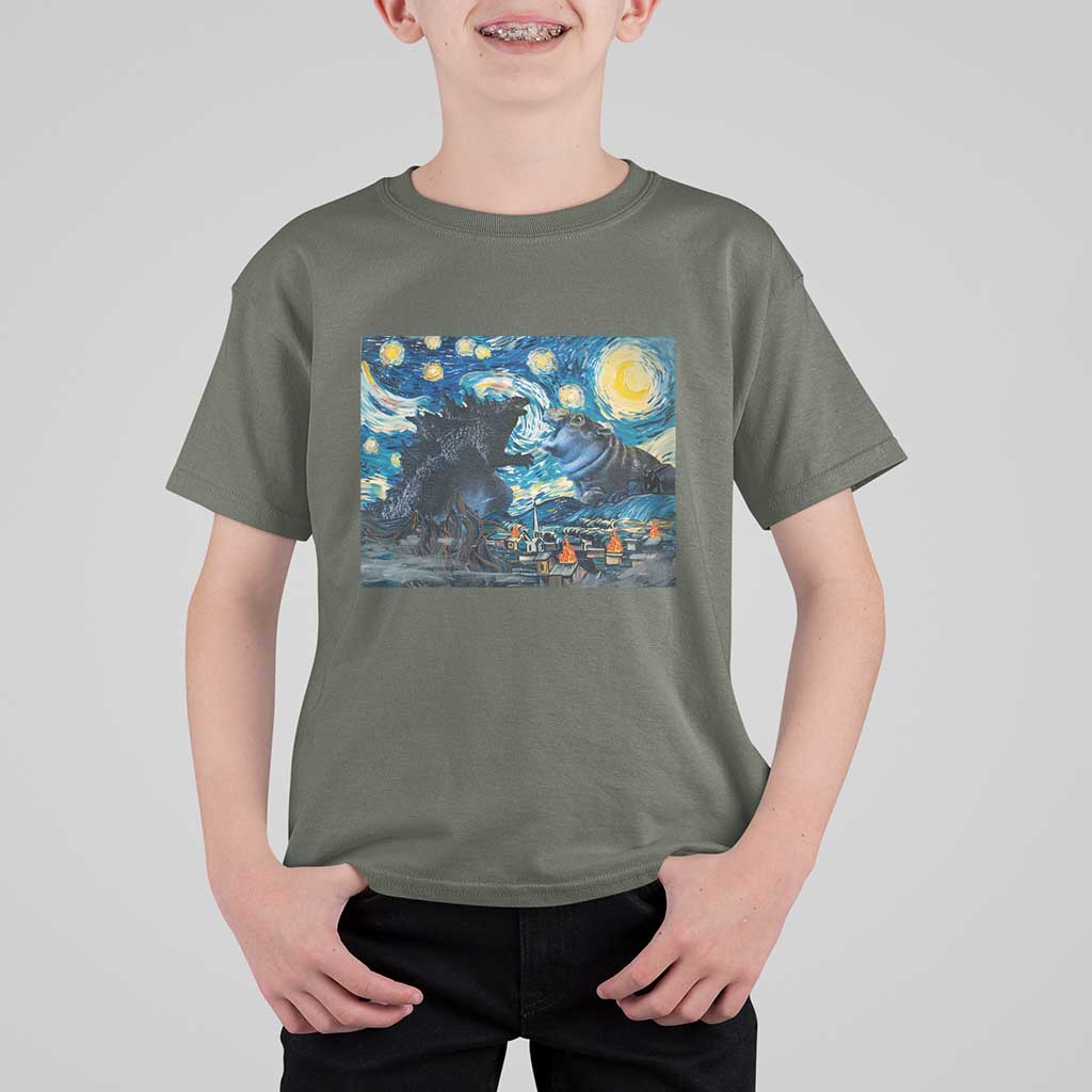 Godzilla Versus Moo Deng T Shirt For Kid Vintage Van Gogh Starry Night - Wonder Print Shop