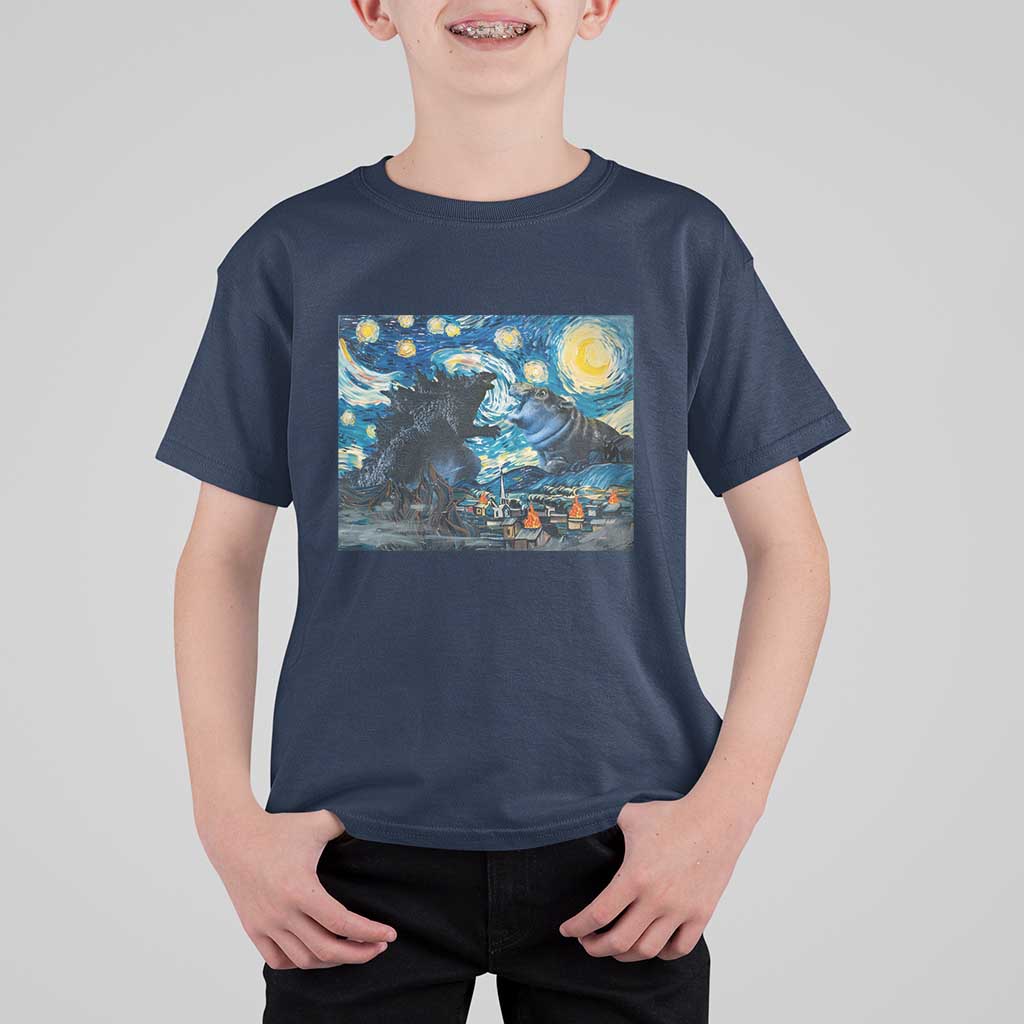 Godzilla Versus Moo Deng T Shirt For Kid Vintage Van Gogh Starry Night - Wonder Print Shop
