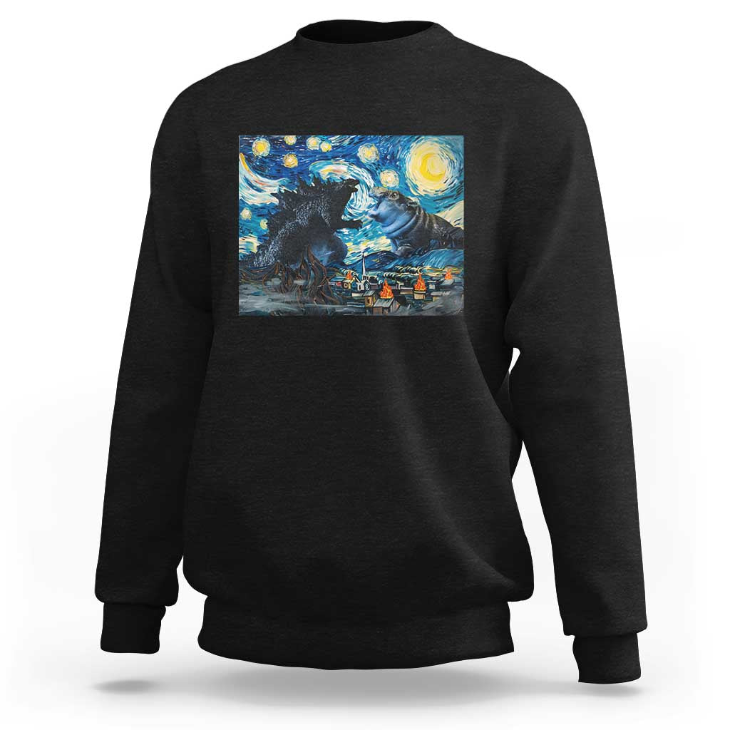 Godzilla Versus Moo Deng Sweatshirt Vintage Van Gogh Starry Night - Wonder Print Shop