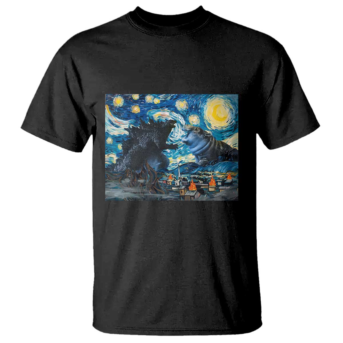 Godzilla Versus Moo Deng T Shirt Vintage Van Gogh Starry Night - Wonder Print Shop