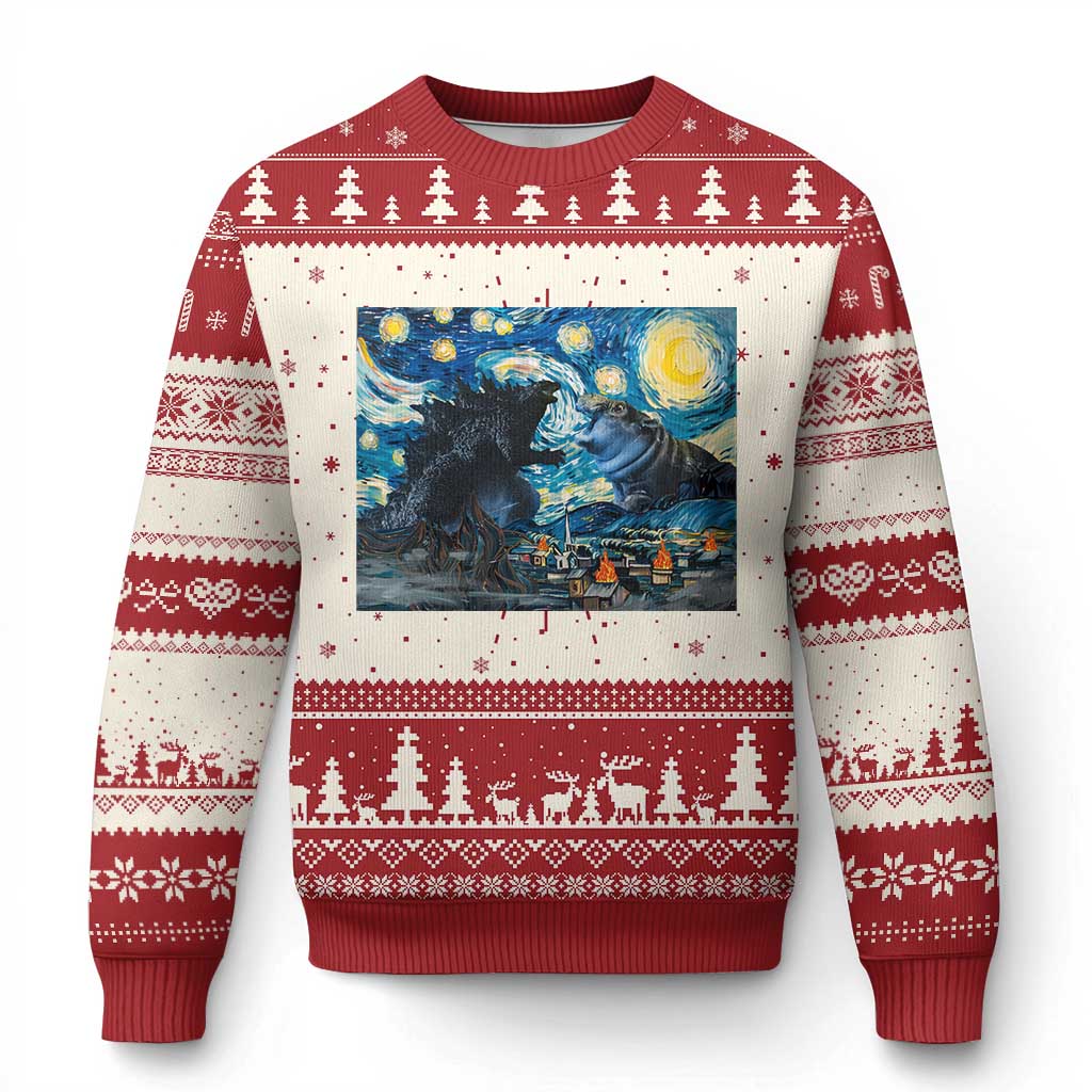Godzilla Versus Moo Deng Ugly Christmas Sweater Vintage Van Gogh Starry Night - Wonder Print Shop