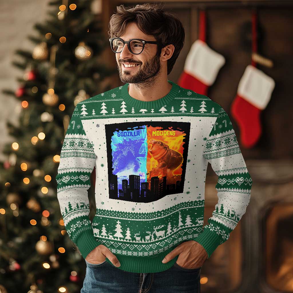 Godzilla Versus Moo Deng Ugly Christmas Sweater - Wonder Print Shop
