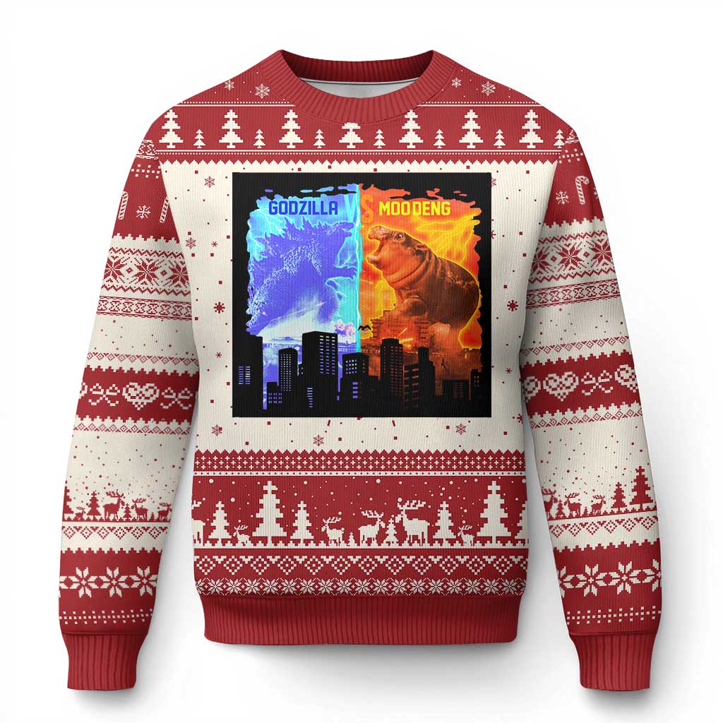 Godzilla Versus Moo Deng Ugly Christmas Sweater - Wonder Print Shop