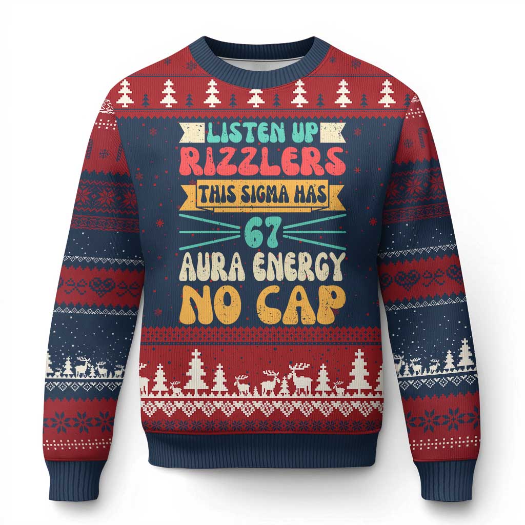 Listen Up Rizzlers This Sigma Has 67 Aura Energy Six Seven Ugly Christmas Sweater - Wonder Print Shop