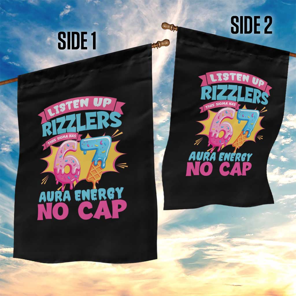 Listen Up Rizzlers This Sigma Has 67 Aura Energy Six Seven Garden Flag Baseball Drip Number 67 - Wonder Print Shop