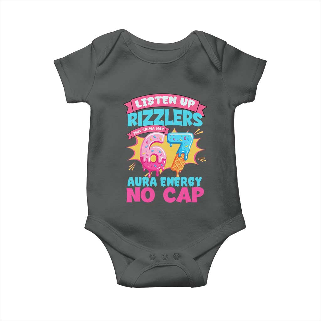 Listen Up Rizzlers This Sigma Has 67 Aura Energy Six Seven Baby Onesie Baseball Drip Number 67 - Wonder Print Shop