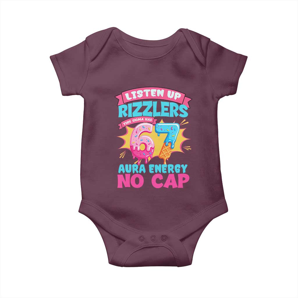 Listen Up Rizzlers This Sigma Has 67 Aura Energy Six Seven Baby Onesie Baseball Drip Number 67 - Wonder Print Shop