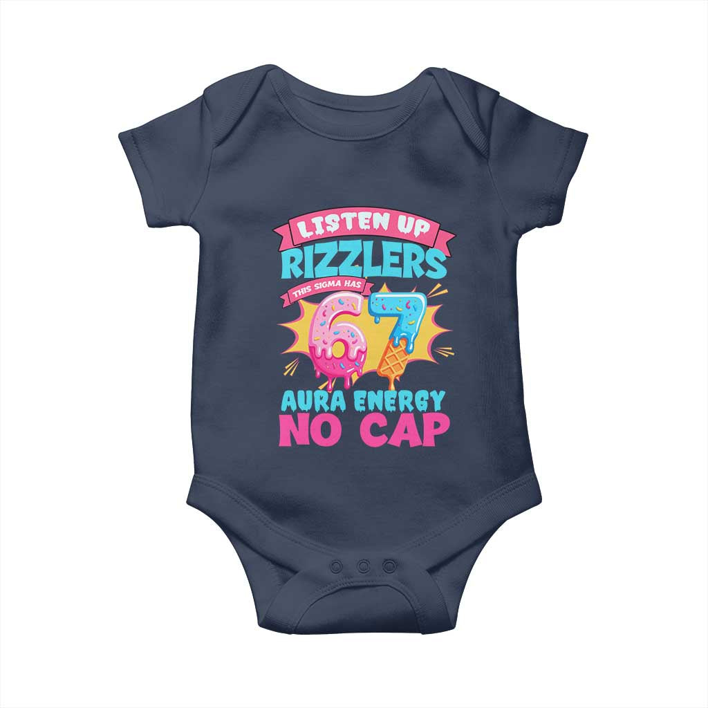 Listen Up Rizzlers This Sigma Has 67 Aura Energy Six Seven Baby Onesie Baseball Drip Number 67 - Wonder Print Shop