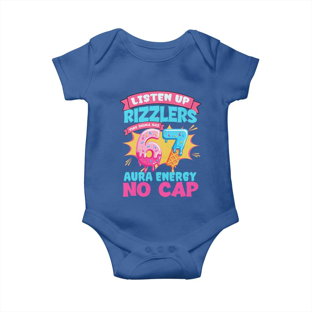 Listen Up Rizzlers This Sigma Has 67 Aura Energy Six Seven Baby Onesie Baseball Drip Number 67 - Wonder Print Shop