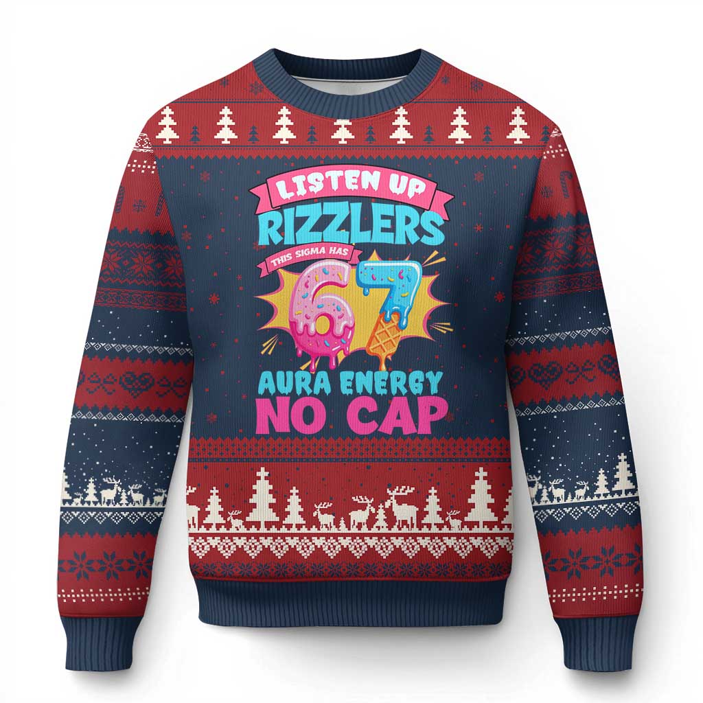 Listen Up Rizzlers This Sigma Has 67 Aura Energy Six Seven Ugly Christmas Sweater Baseball Drip Number 67 - Wonder Print Shop