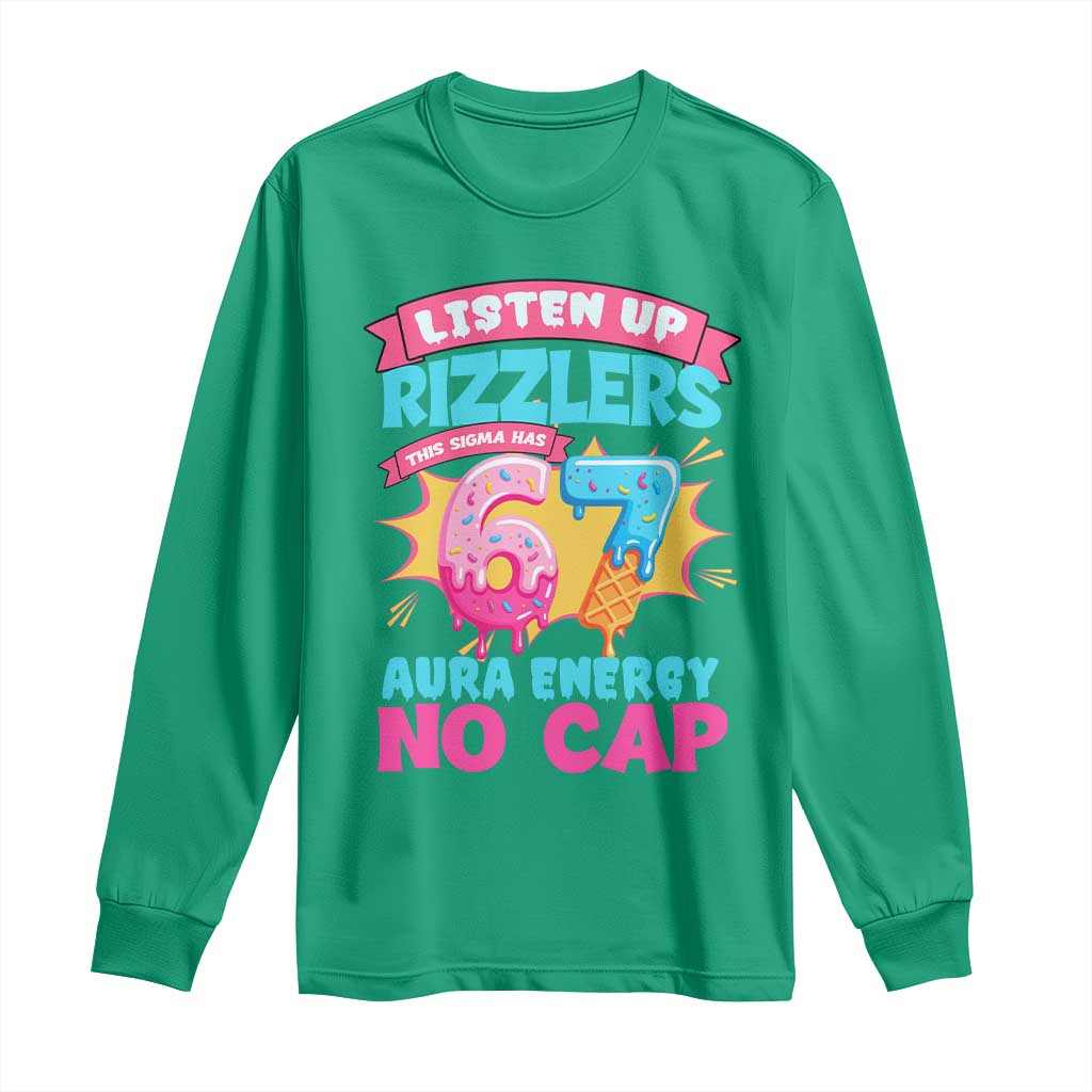 Listen Up Rizzlers This Sigma Has 67 Aura Energy Six Seven Long Sleeve Shirt Baseball Drip Number 67 - Wonder Print Shop