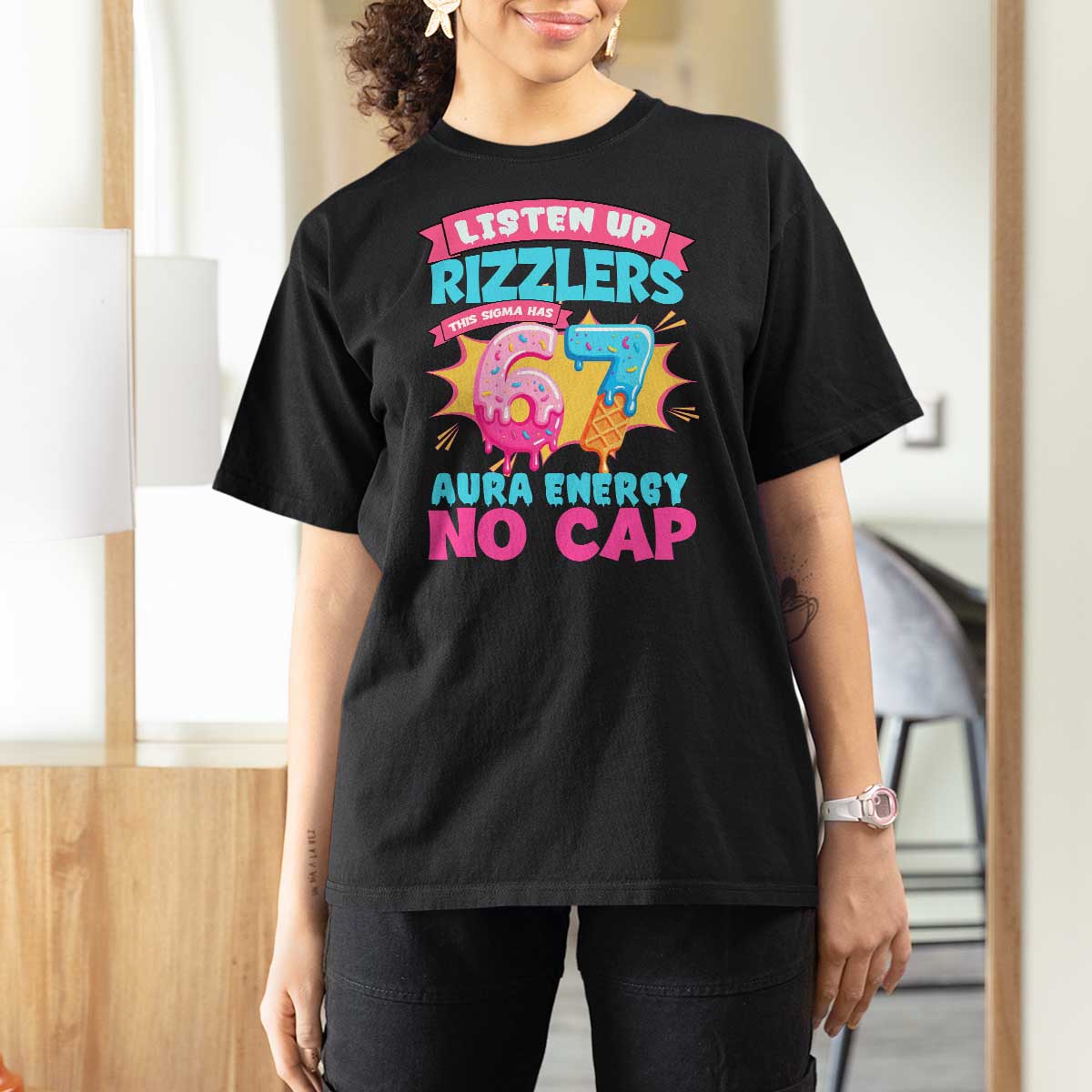 Listen Up Rizzlers This Sigma Has 67 Aura Energy Six Seven T Shirt For Women Baseball Drip Number 67 - Wonder Print Shop
