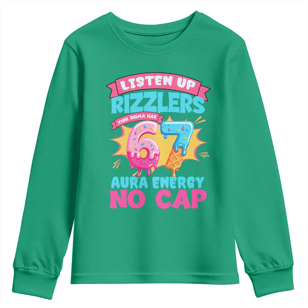 Listen Up Rizzlers This Sigma Has 67 Aura Energy Six Seven Youth Sweatshirt Baseball Drip Number 67 - Wonder Print Shop