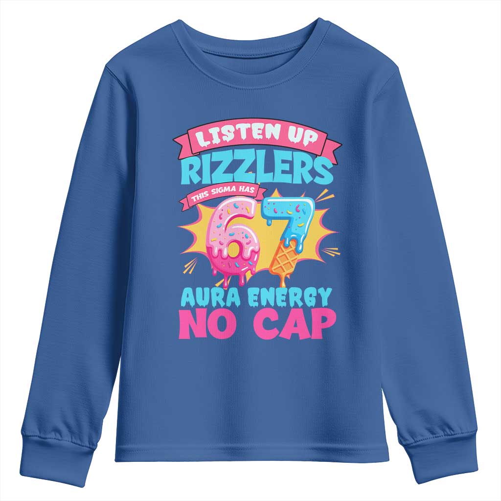 Listen Up Rizzlers This Sigma Has 67 Aura Energy Six Seven Youth Sweatshirt Baseball Drip Number 67 - Wonder Print Shop