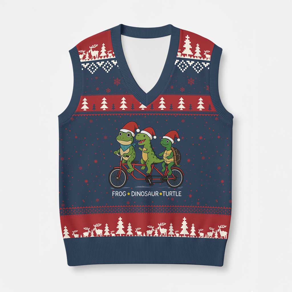 Subtle FDT Xmas V-Neck Knit Sweater Vest Frog Dinosaur Turtle Political Satire - Wonder Print Shop