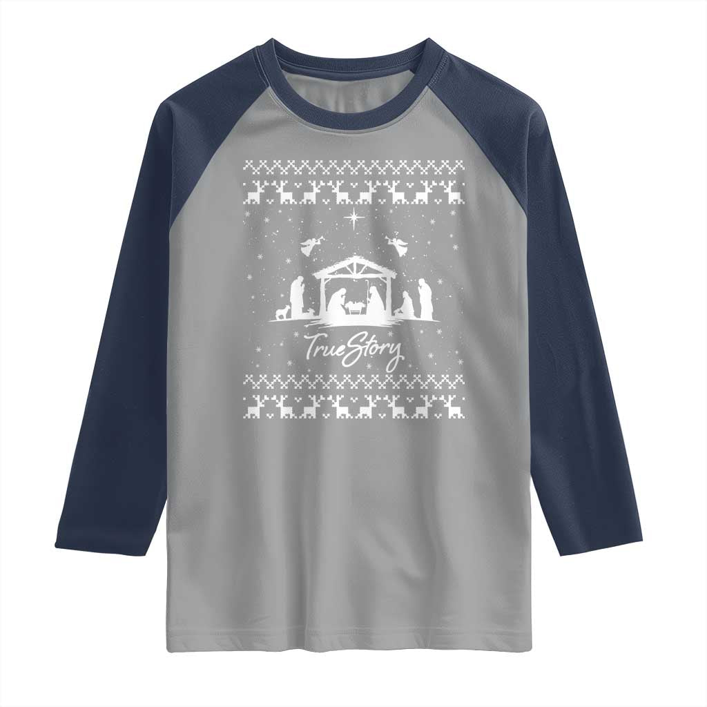 Nativity Scene Christmas Raglan Shirt Christian True Story Jesus Birth Ugly Xmas - Wonder Print Shop