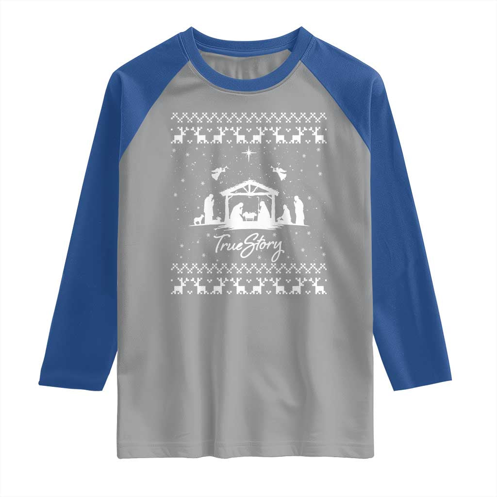 Nativity Scene Christmas Raglan Shirt Christian True Story Jesus Birth Ugly Xmas - Wonder Print Shop