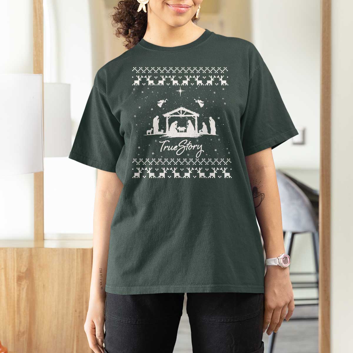 Nativity Scene Christmas T Shirt For Women Christian True Story Jesus Birth Ugly Xmas - Wonder Print Shop