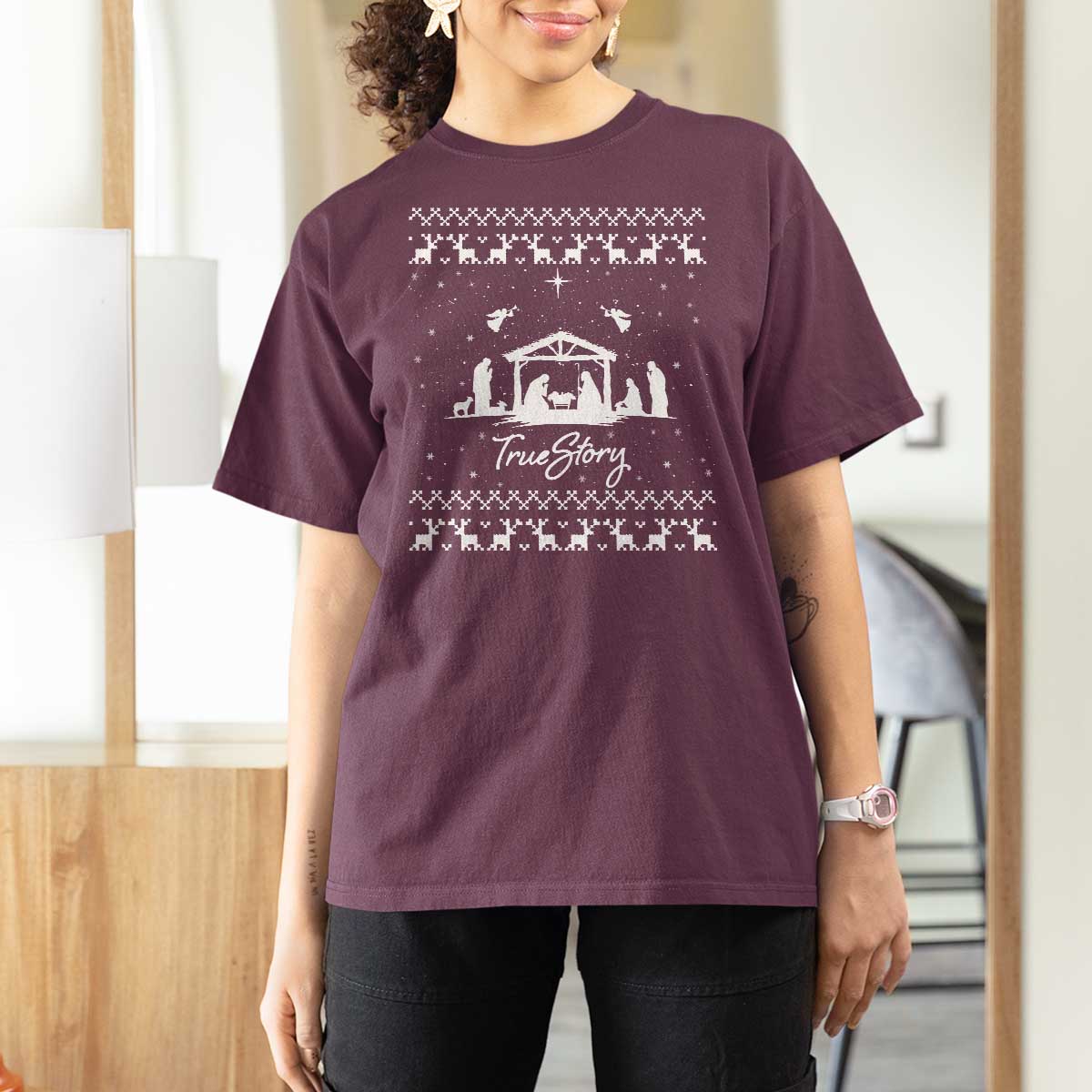 Nativity Scene Christmas T Shirt For Women Christian True Story Jesus Birth Ugly Xmas - Wonder Print Shop