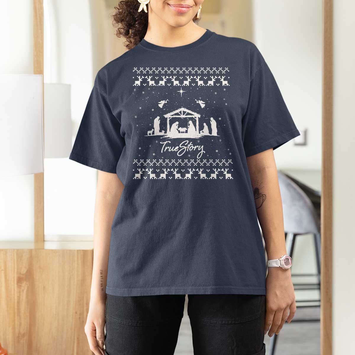 Nativity Scene Christmas T Shirt For Women Christian True Story Jesus Birth Ugly Xmas - Wonder Print Shop