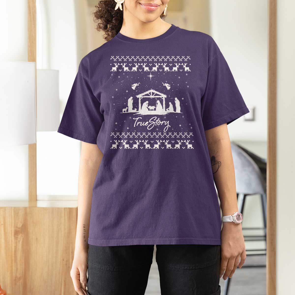 Nativity Scene Christmas T Shirt For Women Christian True Story Jesus Birth Ugly Xmas - Wonder Print Shop
