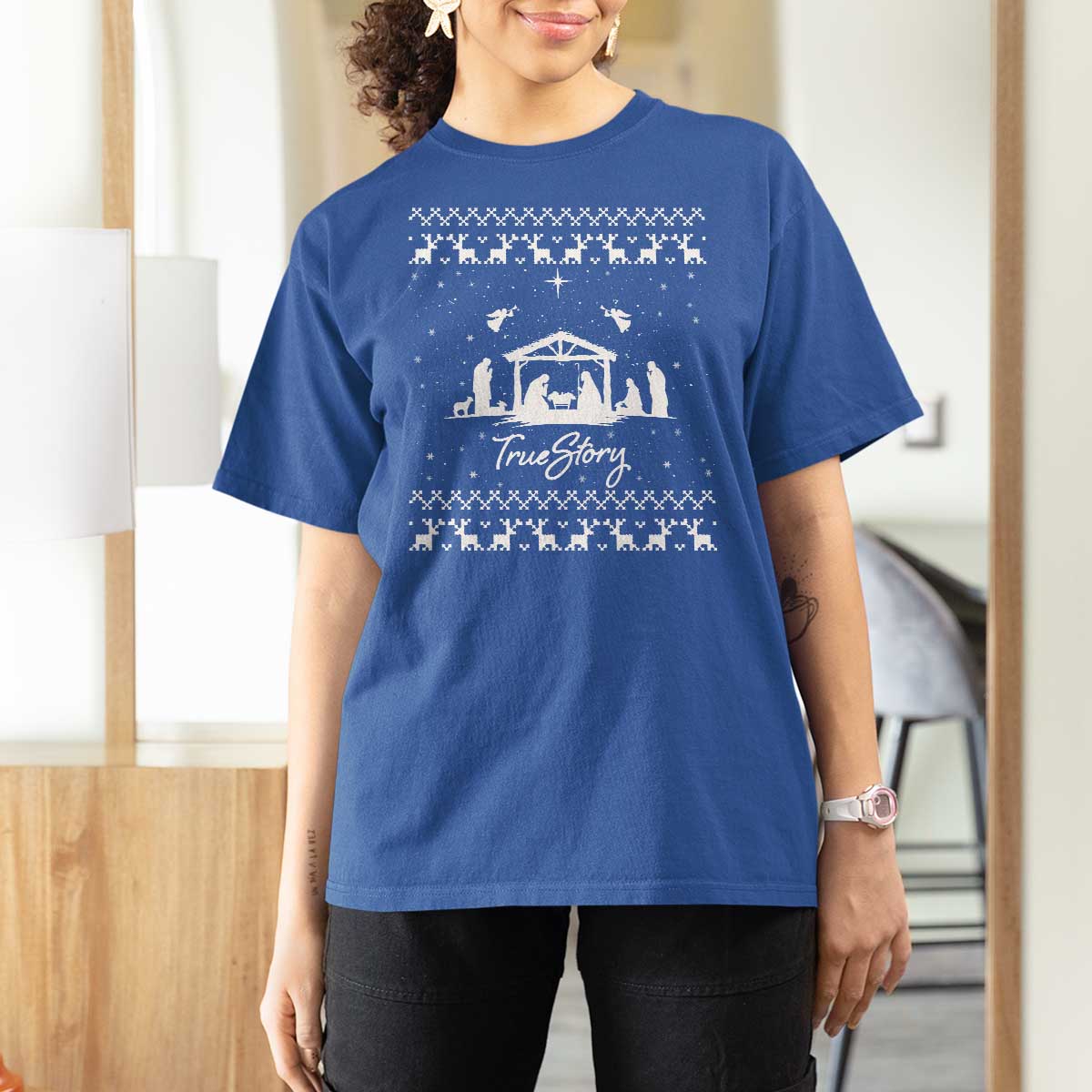 Nativity Scene Christmas T Shirt For Women Christian True Story Jesus Birth Ugly Xmas - Wonder Print Shop