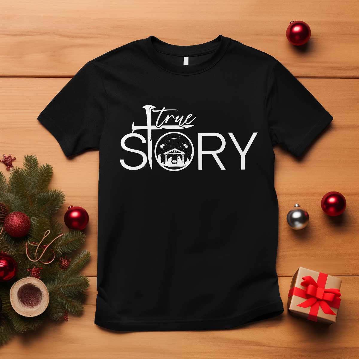 Christian True Story T Shirt Nativity Scene Christmas Faith Cross Jesus Birth - Wonder Print Shop