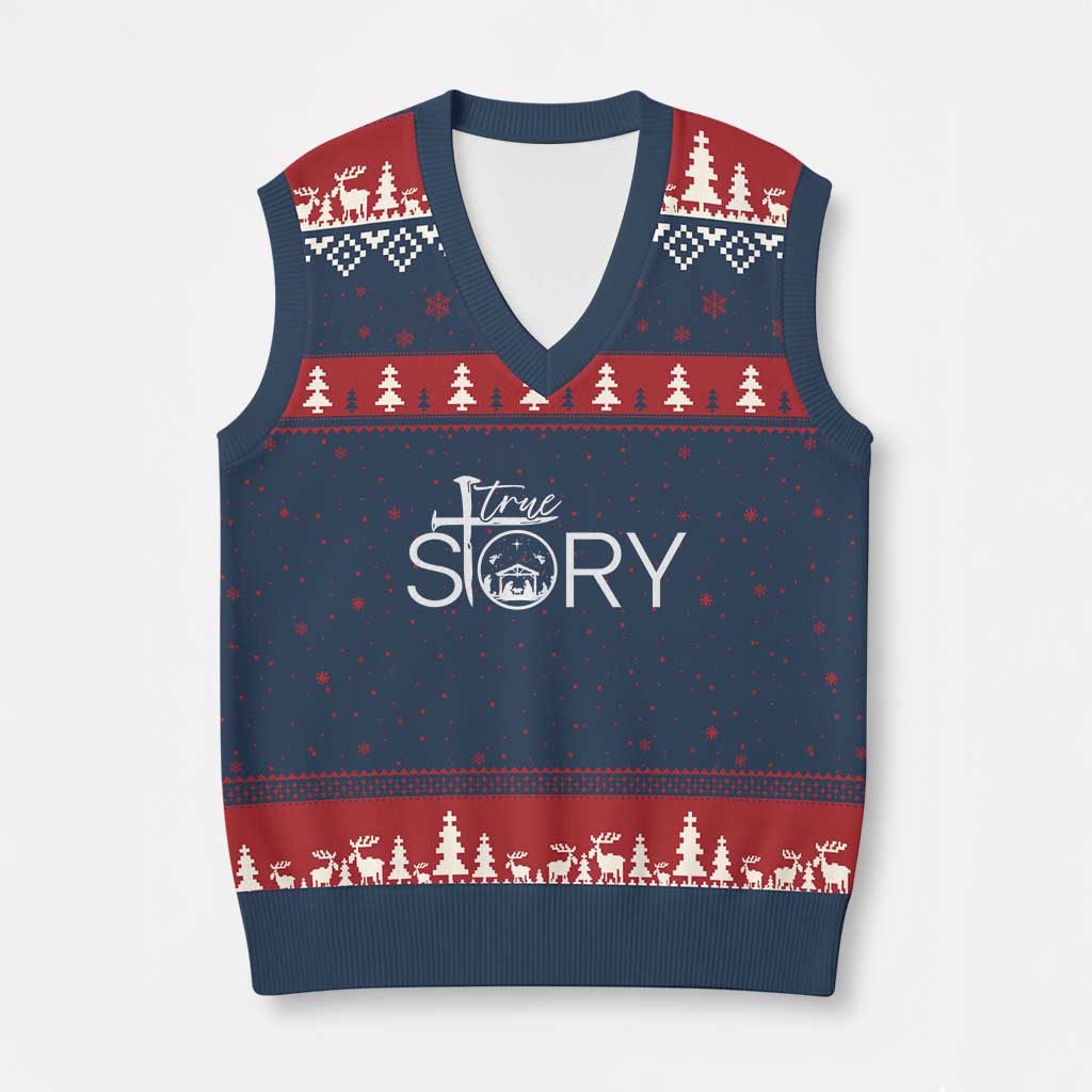 Christian True Story V-Neck Knit Sweater Vest Nativity Scene Xmas Faith Cross Jesus Birth - Wonder Print Shop