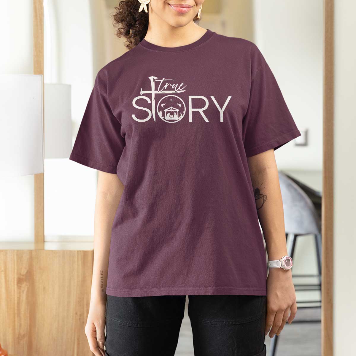 Christian True Story T Shirt For Women Nativity Scene Christmas Faith Cross Jesus Birth - Wonder Print Shop