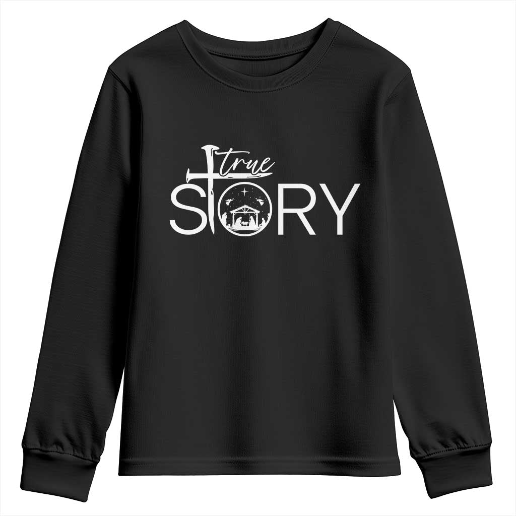 Christian True Story Youth Sweatshirt Nativity Scene Christmas Faith Cross Jesus Birth - Wonder Print Shop