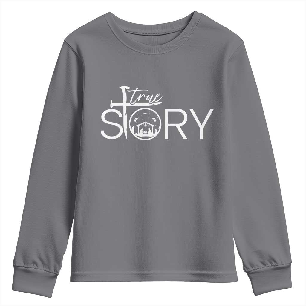 Christian True Story Youth Sweatshirt Nativity Scene Christmas Faith Cross Jesus Birth - Wonder Print Shop