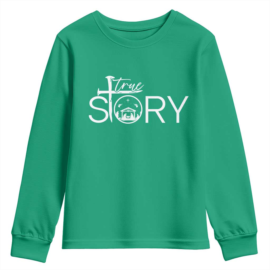 Christian True Story Youth Sweatshirt Nativity Scene Christmas Faith Cross Jesus Birth - Wonder Print Shop