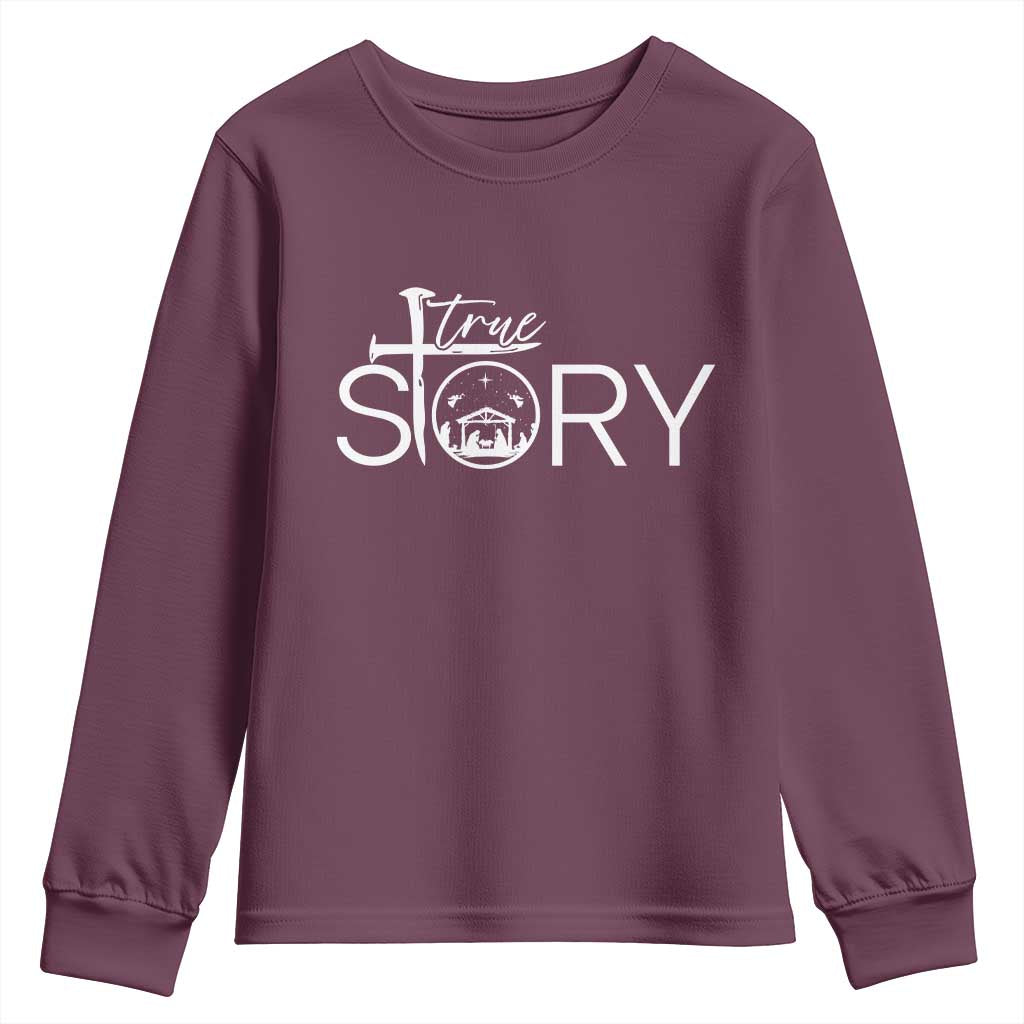 Christian True Story Youth Sweatshirt Nativity Scene Christmas Faith Cross Jesus Birth - Wonder Print Shop