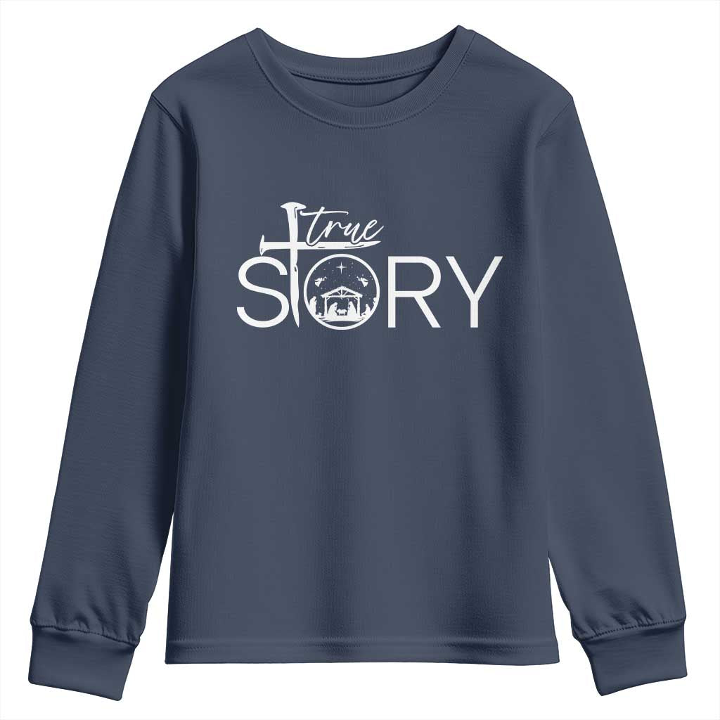 Christian True Story Youth Sweatshirt Nativity Scene Christmas Faith Cross Jesus Birth - Wonder Print Shop
