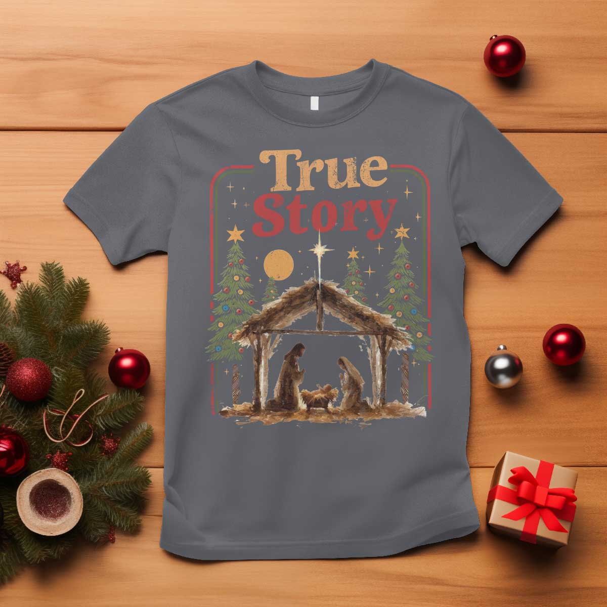 Vintage Nativity Scene T Shirt Christian Christmas True Story Jesus Birth - Wonder Print Shop