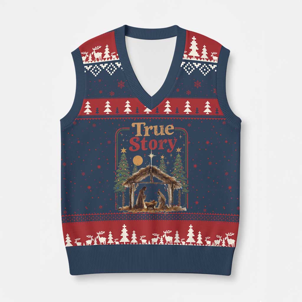 Vintage Nativity Scene V-Neck Knit Sweater Vest Christian Xmas True Story Jesus Birth - Wonder Print Shop