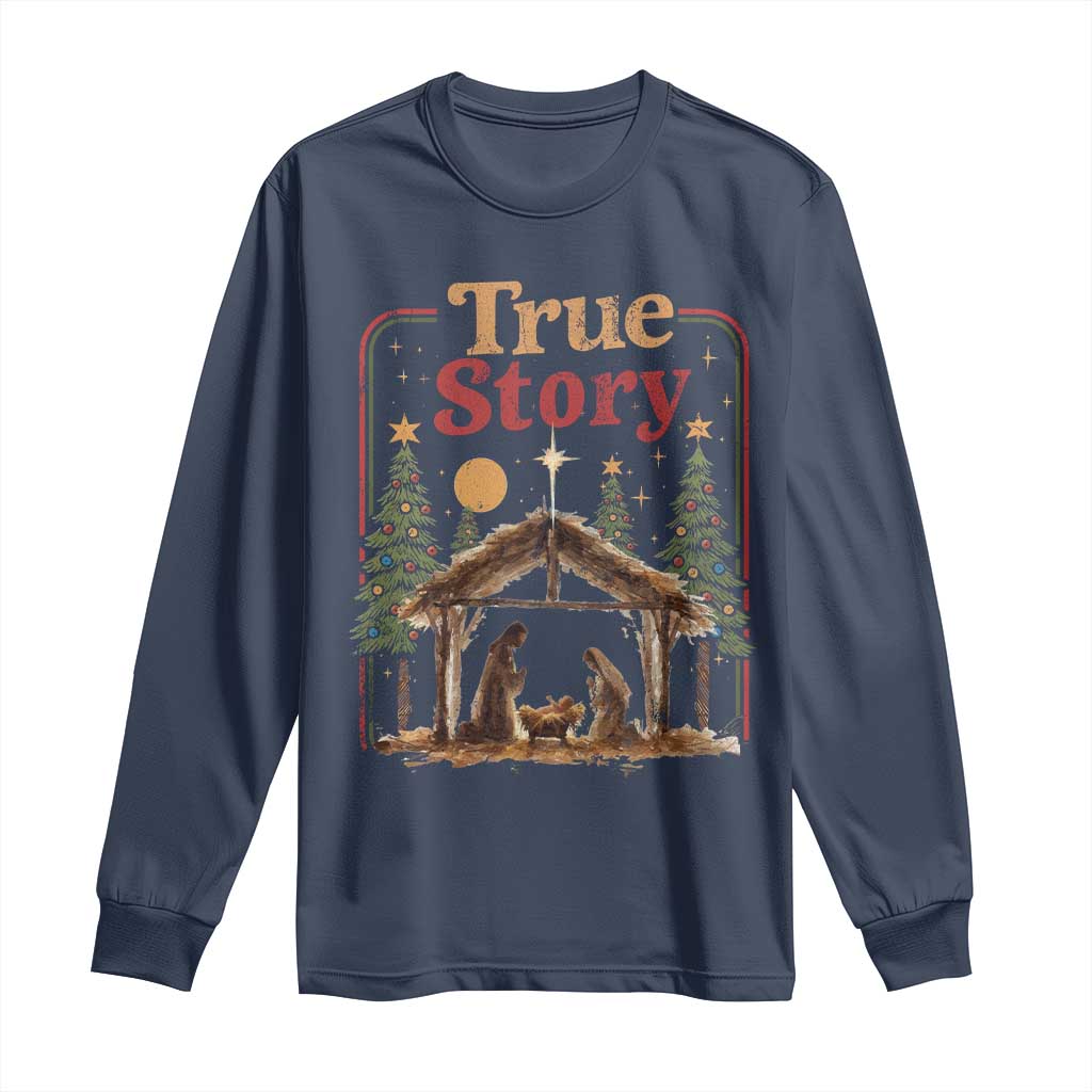 Vintage Nativity Scene Long Sleeve Shirt Christian Christmas True Story Jesus Birth - Wonder Print Shop